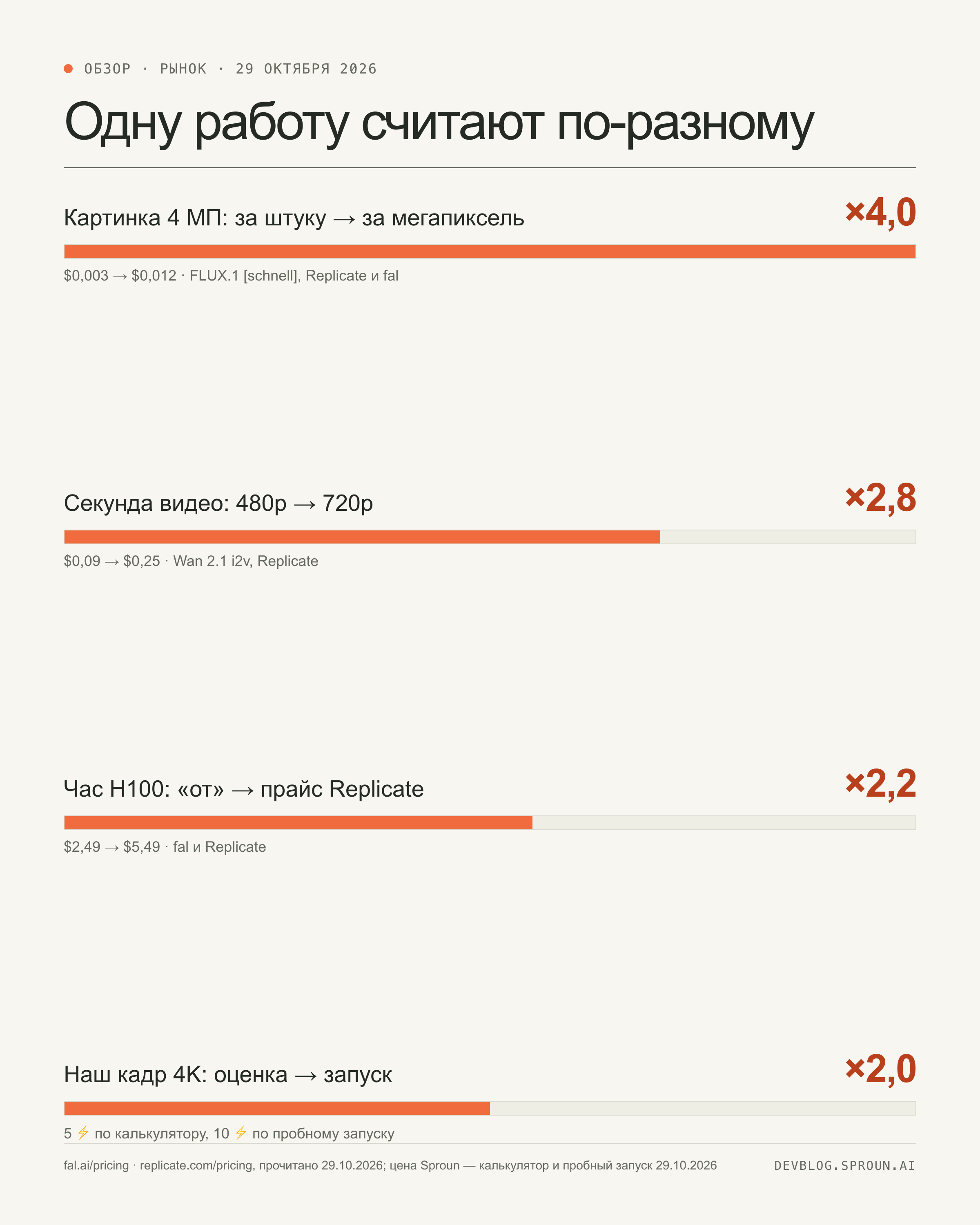 Инфографика: во сколько раз меняется цена при смене единицы счёта — картинка 4 МП дороже вчетверо при оплате за мегапиксели, секунда видео 720p в 2,8 раза дороже 480p, час H100 отличается в 2,2 раза, наш кадр 4K в пробном запуске вдвое дороже оценки